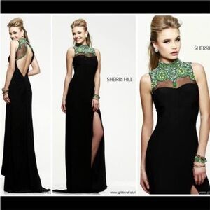 Sherri Hill Black Dress with Green Accents
